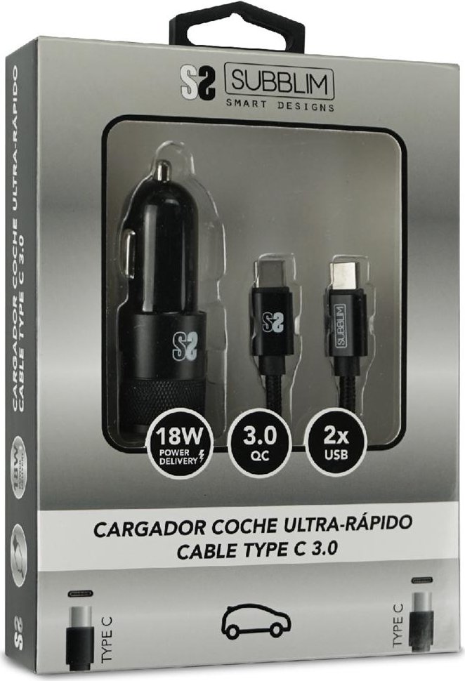 Subblim Cargador de Coche 2xUSB + Cable USB-C Plata