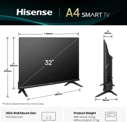 TV Hisense Serie A4Q 32`` DLED HD Smart TV Negro (32A4Q) TV Hisense Serie A4Q 32`` DLED HD Smart TV Negro (32A4Q) | Hay 10 unidades en almacén | Entrega a domicilio en Canarias en 24/48 horas laborables