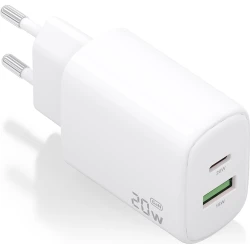 AISENS Cargador GaN 20W, 1xUSB-C PD3.0, 1xUSB-A QC3.0, Blanc | A110-0909 | 8435739902370 | Hay 3 unidades en almacén