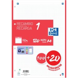 Oxford Recambio 100H + 20H Gratis 4 Taladros A4 90Gr 5X5 1 Banda Rojo Oxford Recambio 100H + 20H Gratis 4 Taladros A4 90Gr 5X5 1 B | 400158162 | 8412771041588 | Hay 6 unidades en almacén