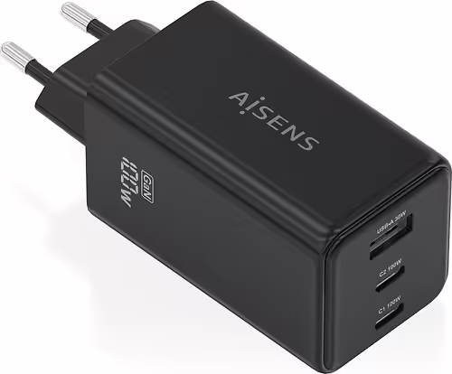 AISENS Cargador GaN 100W, 2x USB-C PD3.0 QC4.0 QC5.0, 1x USB-A QC3.0, Negro | ASCH-100W3P052-BK | 8435739903186 imagen 1