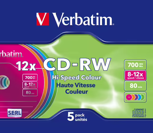 CD-RW VERBATIM 700MB 12x VARIOS COLORES (5 UNIDADES) 43167 | 0023942431671 imagen 1