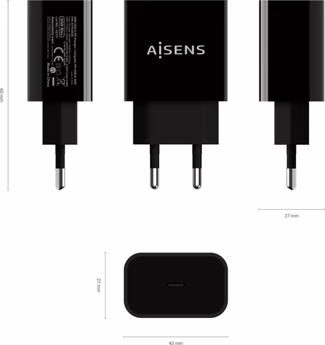 AISENS Cargador USB-C PD3.0 1 Puerto 1x USB-C 20 W, Negro | A110-0538 | 8436574706154 imagen 3