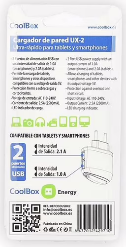 CARGADOR USB PARED COOLBOX USB UX2 | REPCOOUSBX2 | 8437012429710 imagen 3