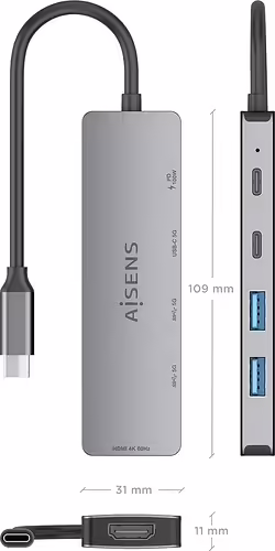 AISENS USB-C Dock 5 en 1, USB-C a 1xHDMI 2xUSB-A 1xUSB-C 1xUSB-C PD, Gris, 15cm | ASUC-5P028-GR | 8435739903568 imagen 4