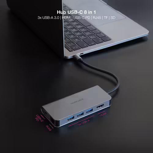 Nanocable Hub USB-C 8 en 1, Conversor USB-C 3.1 a 3xUSB-A 3.0 + HDMI 4K@60Hz + U | 10.16.4609 | 8433281015562 imagen 3