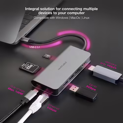 Nanocable Hub USB-C 8 en 1, Conversor USB-C 3.1 a 3xUSB-A 3.0 + HDMI 4K@60Hz + U | 10.16.4609 | 8433281015562 imagen 5