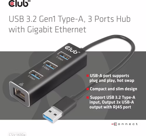 Hub Club 3D USB-A a 3xUSB-A 3.0/RJ45 Negro (CSV-1430A) | 8719214472801 imagen 4