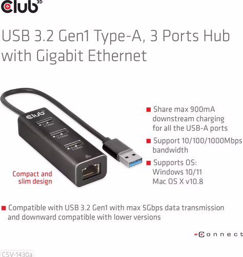 Hub Club 3D USB-A a 3xUSB-A 3.0/RJ45 Negro (CSV-1430A) | 8719214472801 imagen 5