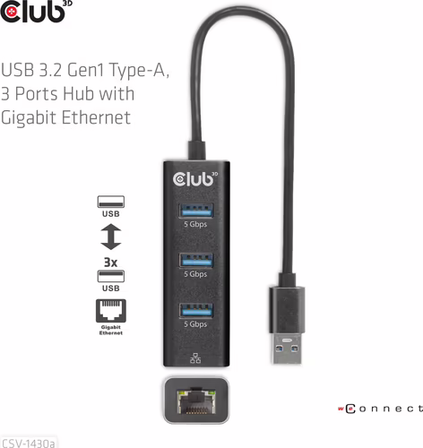Hub Club 3D USB-A a 3xUSB-A 3.0/RJ45 Negro (CSV-1430A) | 8719214472801 imagen 8