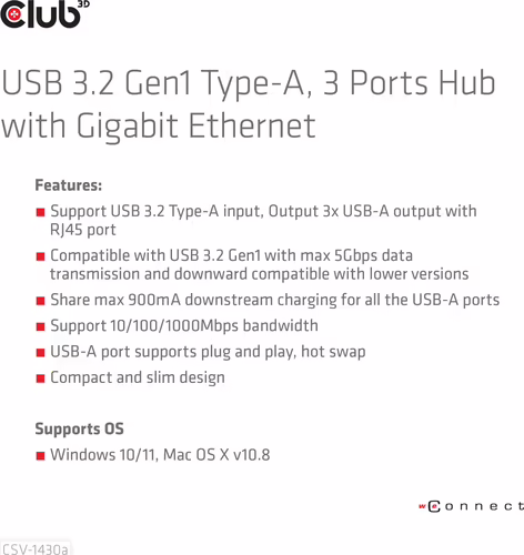Hub Club 3D USB-A a 3xUSB-A 3.0/RJ45 Negro (CSV-1430A) | 8719214472801 imagen 9