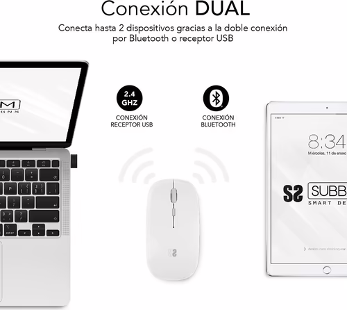 RATON INALAMBRICO BLUETOOTH DUAL BATERIA BLANCO SUBBLIM | DFLAT21 | 8436586742256 imagen 2