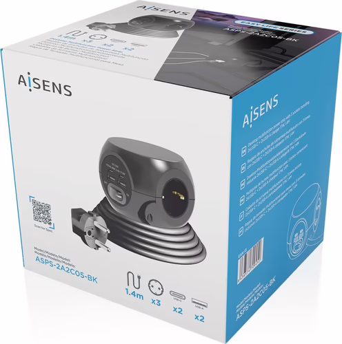 AISENS Regleta de Enchufes Sobremesa Multifuncion con 3 Tomas + 2xUSB-C, 2xUSB-A | ASPS-2A2C05-BK | 8436574709452 imagen 6