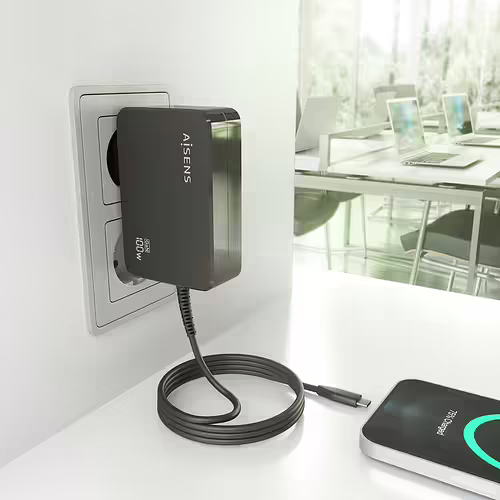 AISENS Cargador GaN 100W PD3.0 1xUSB-C 1.8m, Negro | ASCH-1PD100WL50-BK | 8435739902912 imagen 6