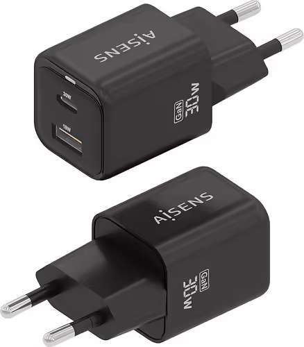 AISENS Cargador Gan 30W, 1xUSB-C PD3.0 QC4.0, 1xUSB-A QC3.0, Negro | ASCH-30W2P021-BK | 8435739900857 imagen 3