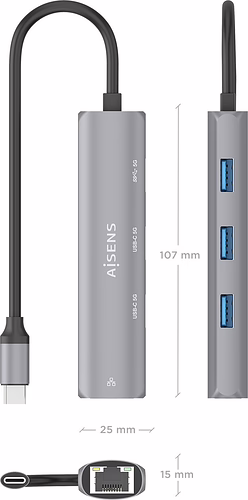 AISENS Dock USB-C A Ethernet Gigabit + Hub 2xUSB-C+1xUSB-A, Gris, 15cm | ASUC-4P040-GR | 8435739904022 imagen 4