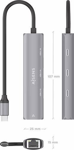 AISENS Dock USB-C A Ethernet Gigabit + Hub 3xUSB-C, Gris, 15cm | ASUC-4P041-GR | 8435739904039 imagen 4