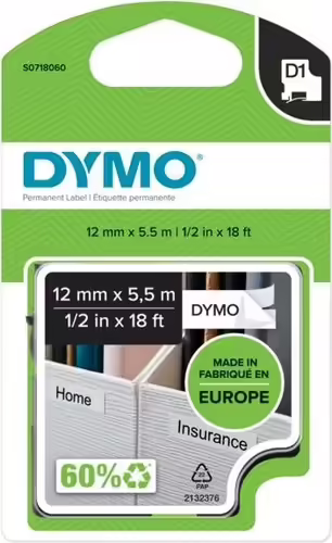Dymo D1 Etiquetas durable negro sobre blanco 12mm x 5.5m | S0718060 | 5411313169592 imagen 2