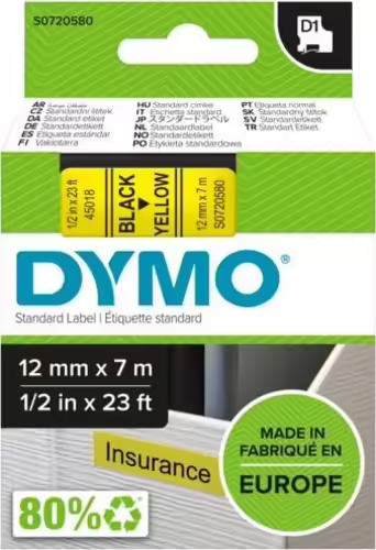 Dymo D1 Etiquetas estandar negro sobre amarillo 12mm x 7m poliester | S0720580 | 5411313450188 imagen 2