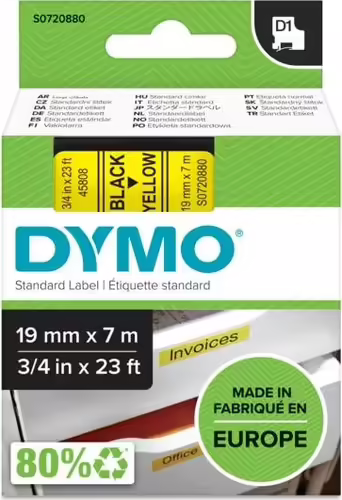 Dymo D1 Etiquetas estandar negro sobre amarillo 19mm x 7m poliester | S0720880 | 5411313452182 imagen 2