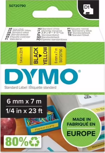 Dymo D1 Etiquetas estandar negro sobre amarillo 6mm x 7m poliester | S0720790 | 5411313436182 imagen 2