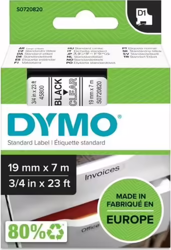 Dymo D1 Etiquetas estandar negro sobre transparente 19mm x 7m poliester | S0720820 | 5411313452106 imagen 2