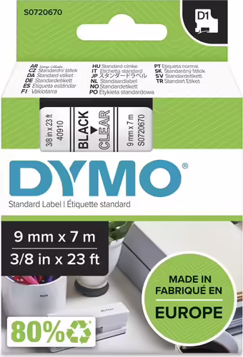 Dymo D1 Etiquetas estandar negro sobre transparente 9mm x 7m poliester | S0720670 | 5411313409100 imagen 2