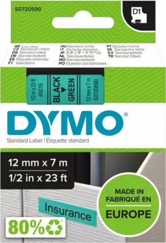 Dymo D1 Etiquetas estandar negro sobre verde 12mm x 7m poliester | S0720590 | 5411313450195 imagen 2