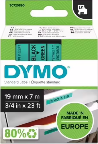 Dymo D1 Etiquetas estandar negro sobre verde 19mm x 7m poliester | S0720890 | 5411313452199 imagen 2