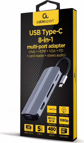 Gembird A-CM-COMBO8-02 hub de interfaz USB Tipo C Plata | 8716309124195 imagen 3