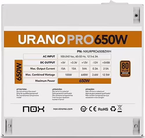 NOX Urano PRO White 650W Bronze unidad de fuente de alimentación ATX Blanco | NXURPRO650BZWH | 8436587976049 imagen 8