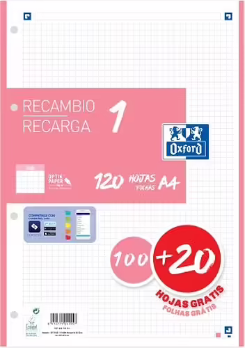 Oxford Recambio 100H + 20H Gratis 4 Taladros A4 90Gr 5X5 1 Banda Rosa Chicle | 400158161 | 8412771041557 imagen 2