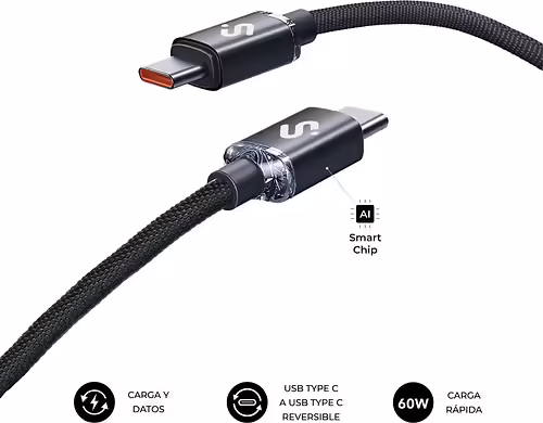 SUBBLIM CABLE OPTIMUS 60W C-C 1m BLACK | SUBCAB-C06001 | 8436586743536 imagen 2
