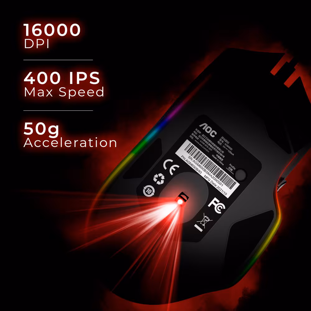 Imagen de AOC AGON AGM600 ratón Juego mano derecha USB tipo A Óptico 16000 DPI